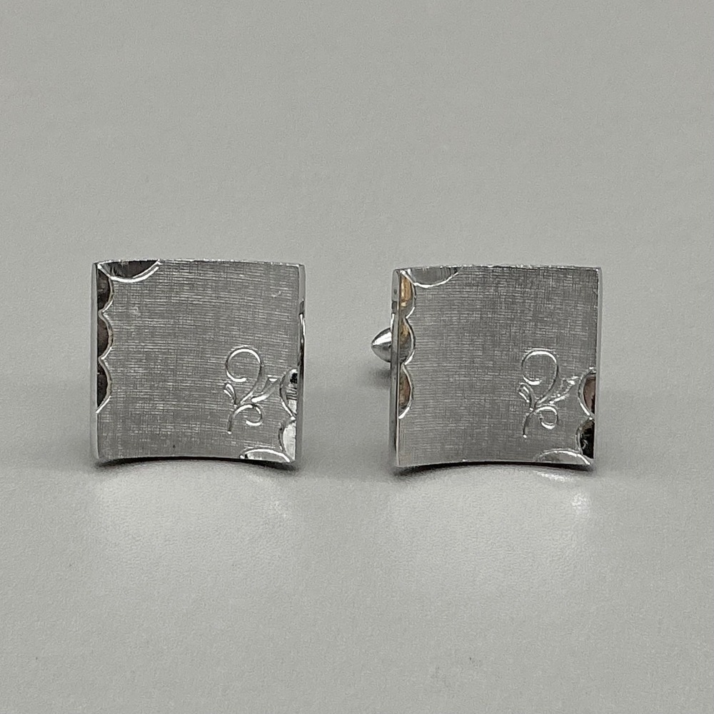 Swank Vintage Square Cufflinks Silver Tone Engraved Scroll Men's‎ Dress Jewelry